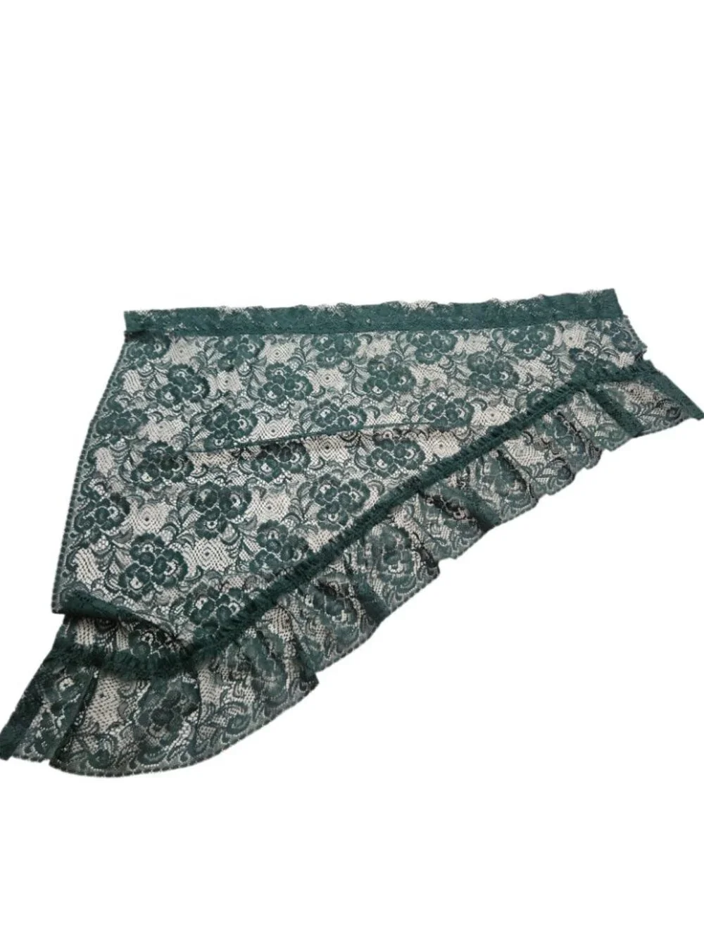 Vintage Green Lace Floral Curtains Angled Valance Panels Rod/Pole Pocket 2 Set